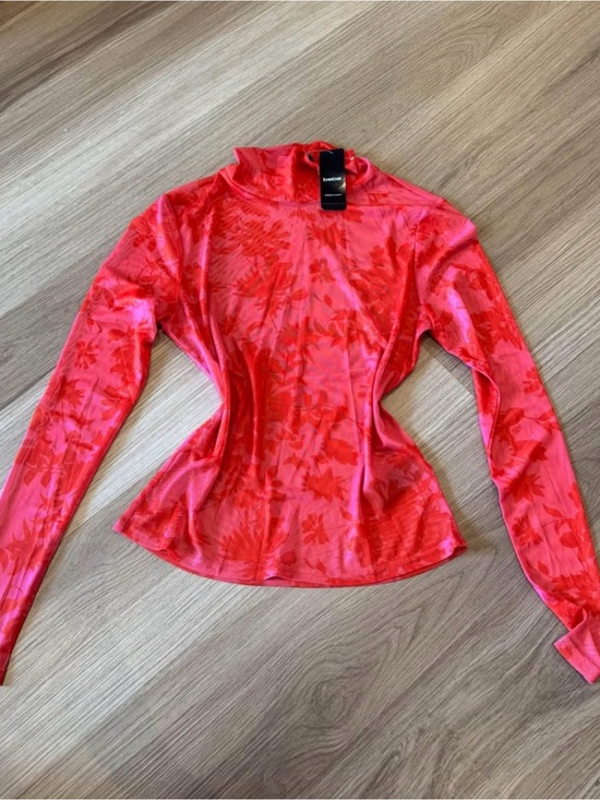bebe Tops - Bebe Red Floral Mesh Long-Sleeve Mock Neck Top